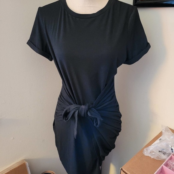 NEW Black Solid Round Neck Self Tie Bodycon Dress - Picture 8 of 10